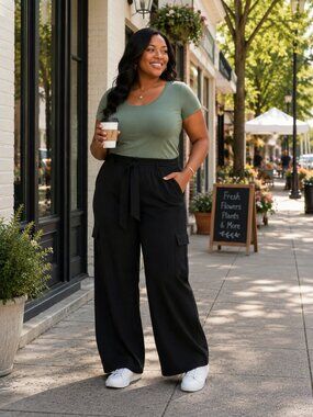 Ava & Viv Women’s Plus Size 22 Black Utility Cargo Wide Leg Pants Tie Waist